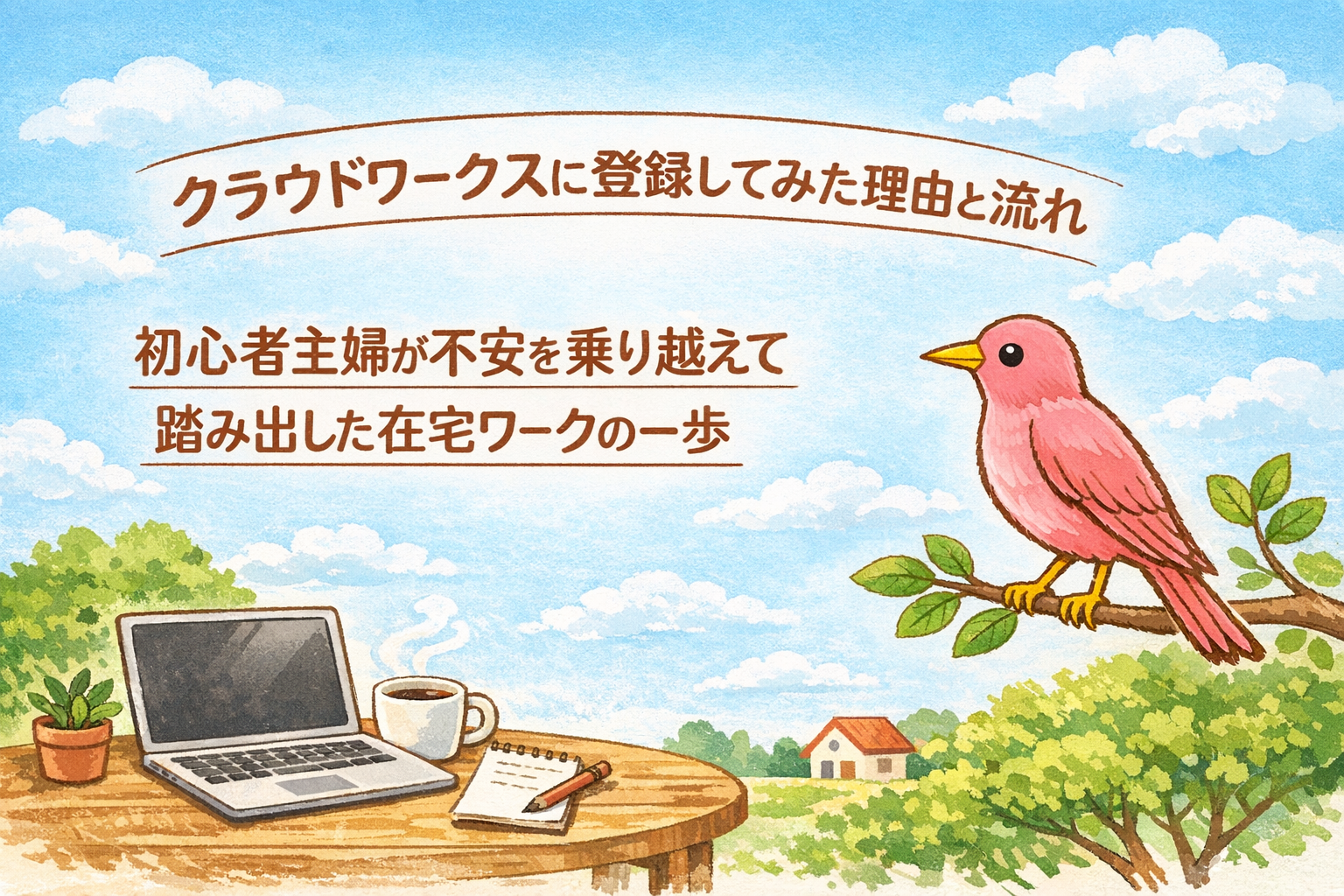 クラウドワークスに登録してみた理由と流れというタイトルが中央に配置されたアイキャッチ画像。左にノートパソコン、右にピンクのワタドリが立っている。