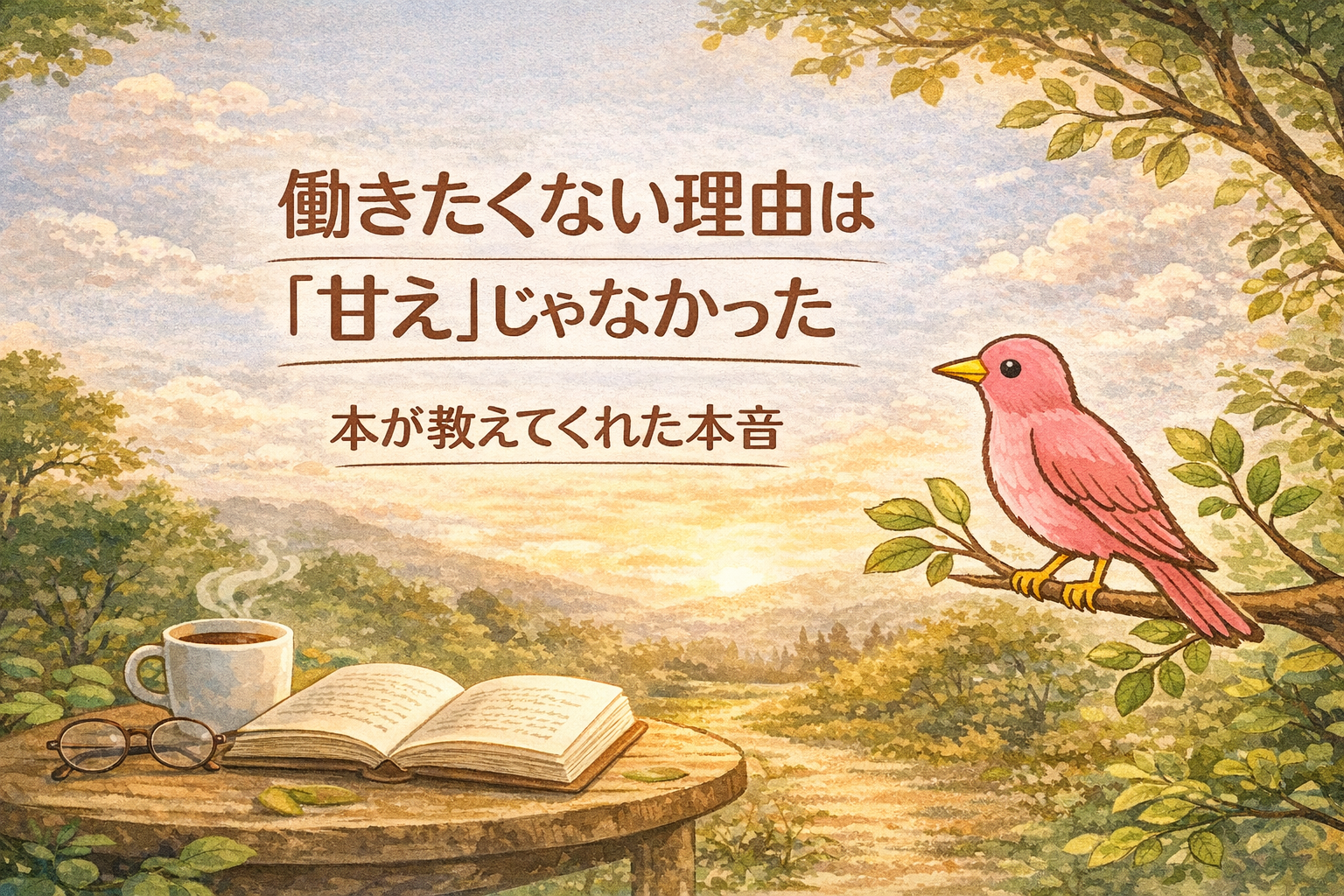 ピンクのワタドリと本が描かれたアイキャッチ画像。「本が教えてくれた本音」の文字入り