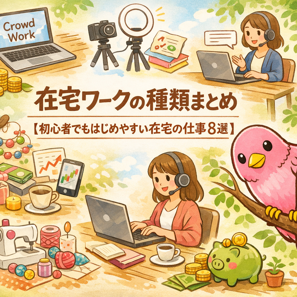 在宅ワークの種類をまとめたイラスト。パソコン作業・クラウドソーシング・ハンドメイド・オンライン講師・インフルエンサー・投資などを初心者向け在宅の仕事を表現した画像。