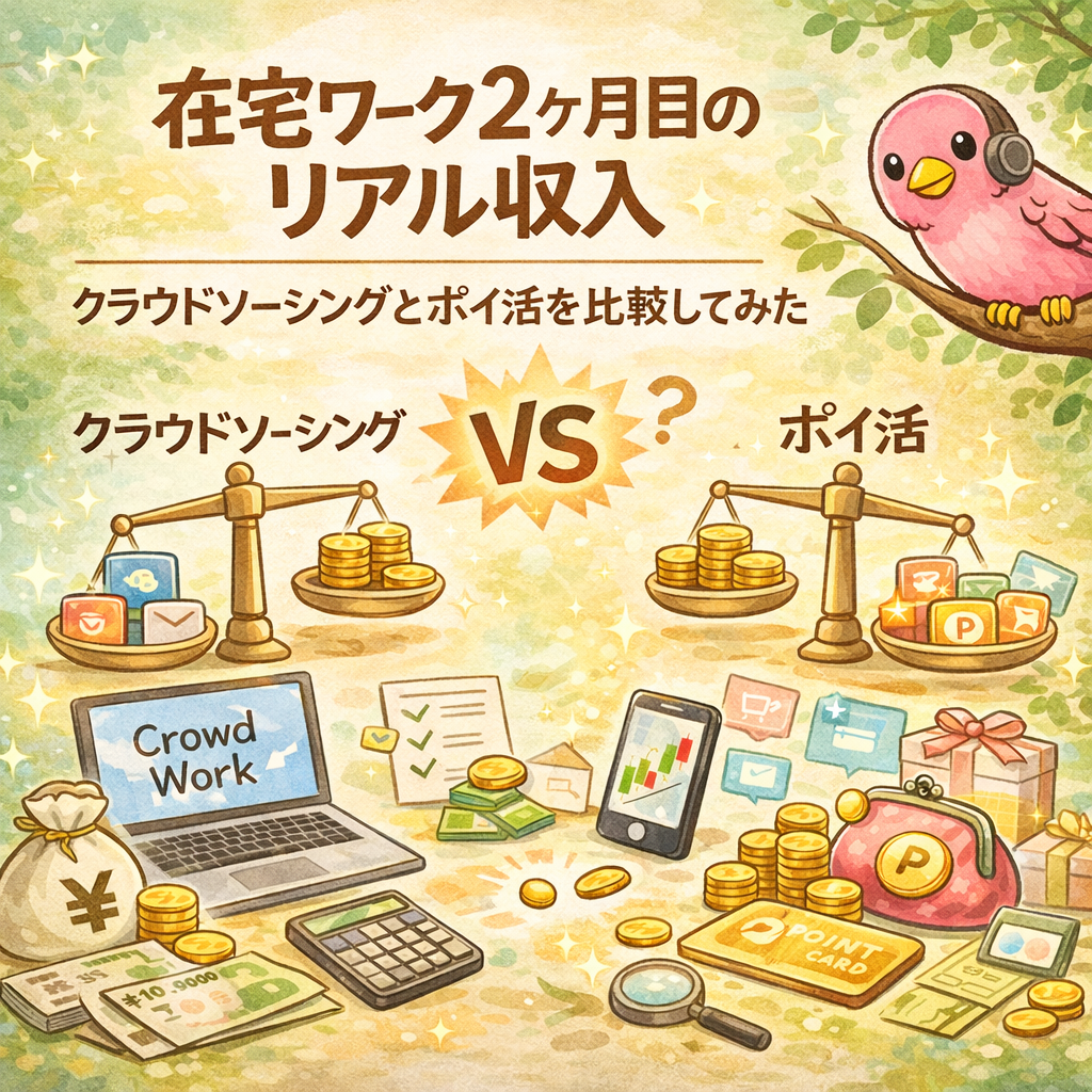 クラウドソーシングとポイ活の収入を比較するイラスト。ピンクの鳥と天秤が登場し、在宅ワークの収益バランスを表現。