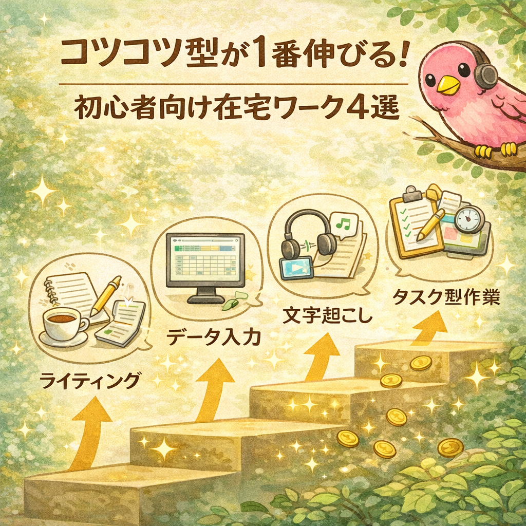 初心者向け在宅ワーク4選を紹介する、コツコツ型向けのイラストガイド