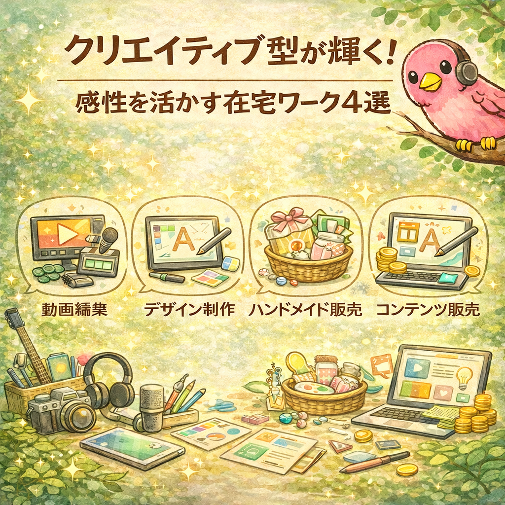 クリエイティブ型の在宅ワーク4選を紹介するイラスト
