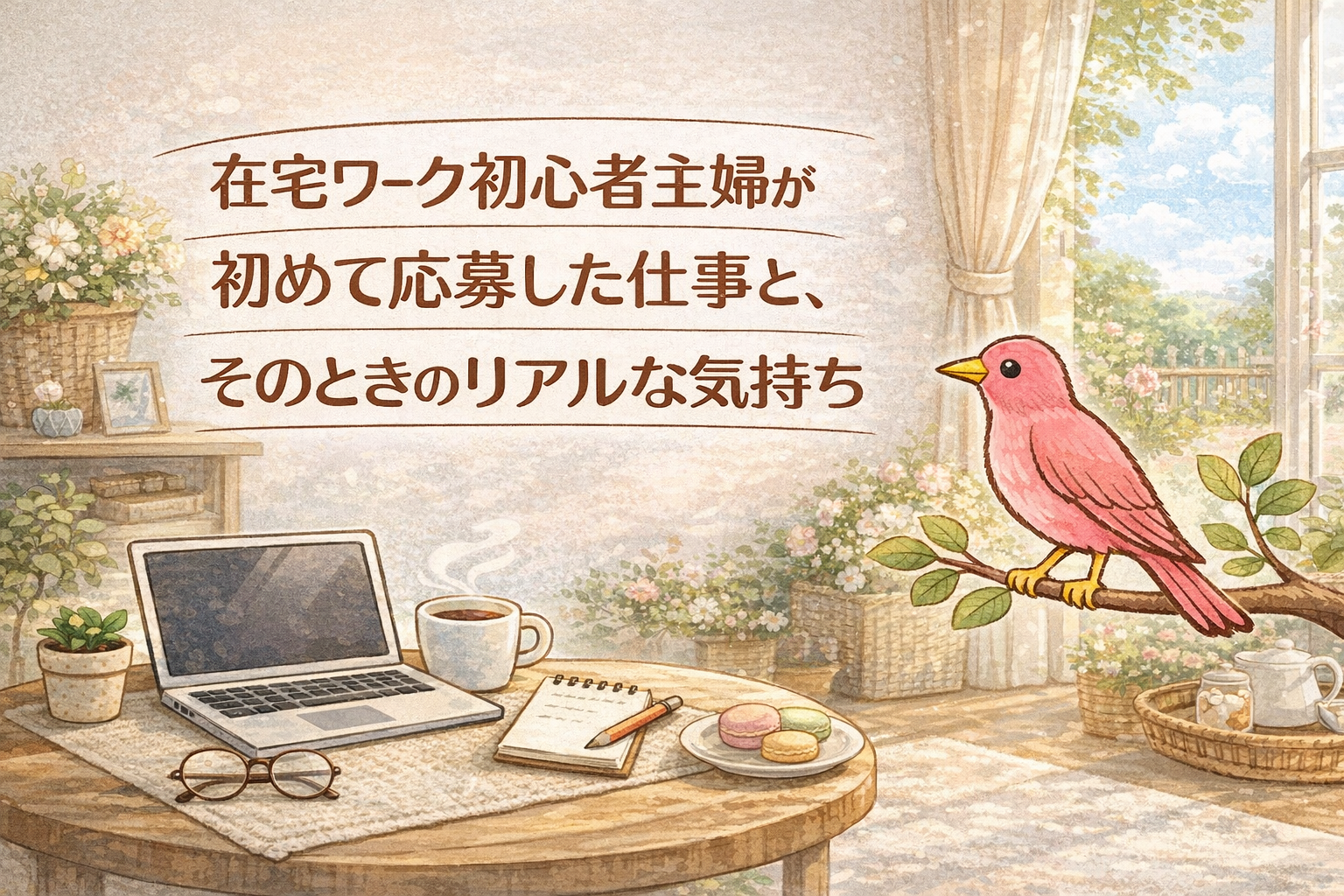 在宅ワーク初心者の主婦が初めて仕事に応募したときの不安と期待を表したイラスト