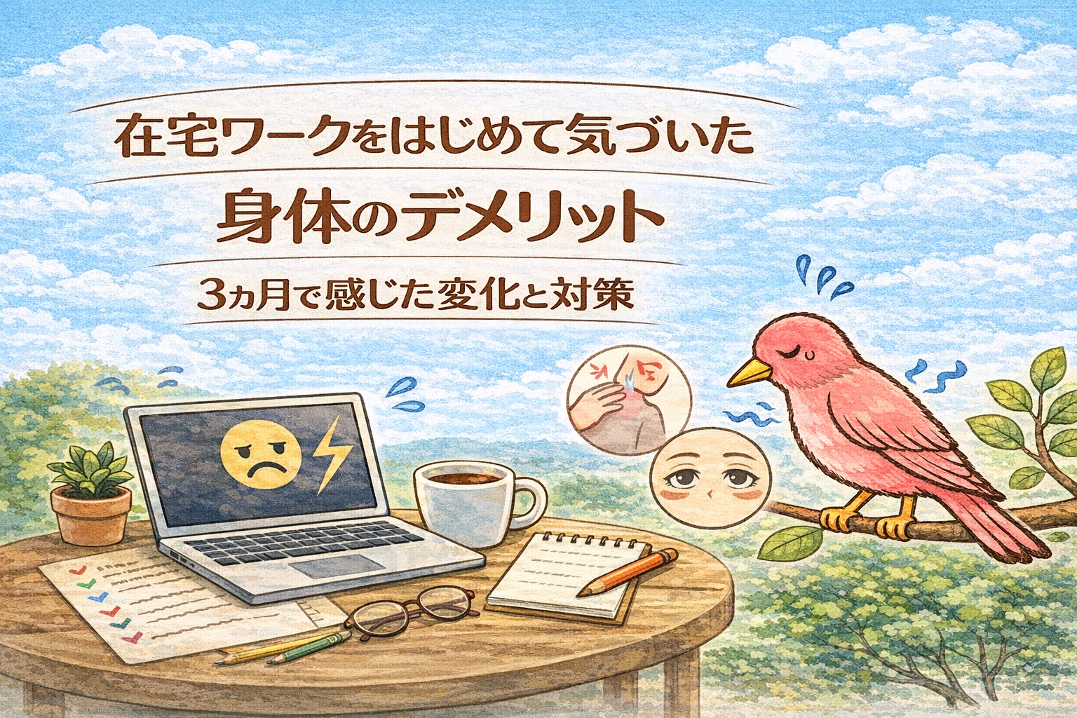 在宅ワークをはじめて感じた身体の不調やデメリットを表現したピンクの鳥のイラスト