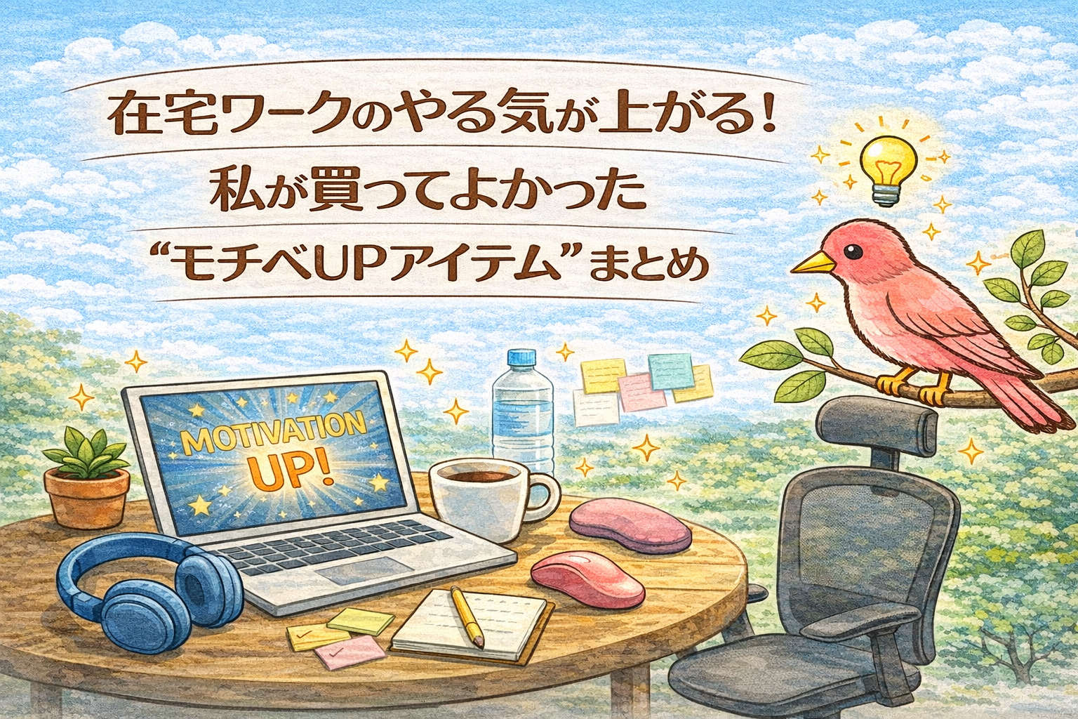 在宅ワークのやる気が上がる「モチベーションアップアイテム」を紹介するイラスト。ピンクの鳥とデスク周りの在宅ワーク風景。