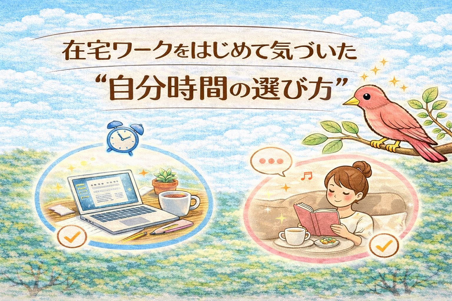 在宅ワークをはじめて気づいた自分時間の選び方を表したイラスト。作業時間とくつろぐ時間を対比し、枝にとまったピンクの鳥ワタドリが見守っている。