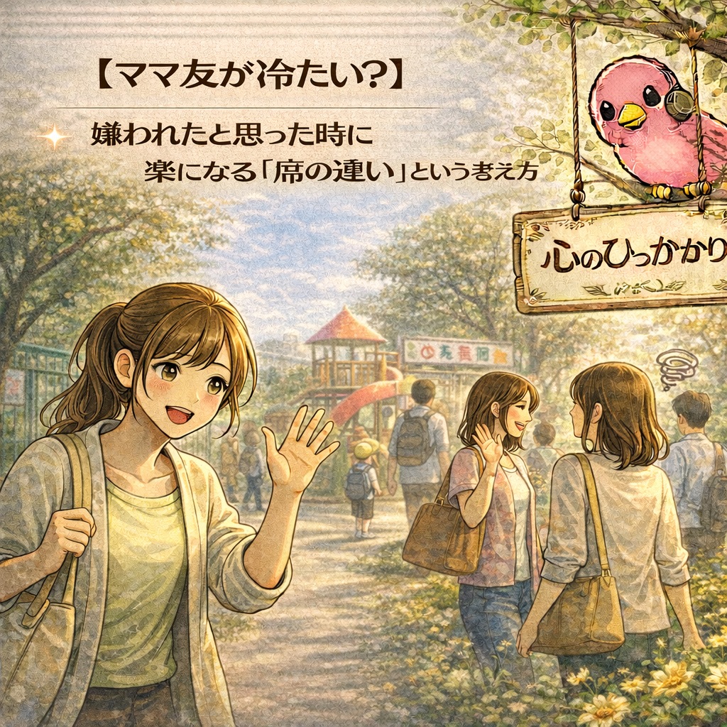 幼稚園でママ友に手を振る女性と、それに少し距離を感じさせる様子を取るママ友を描いたイラスト。心のひっかかりシリーズ記事のアイキャッチ画像。