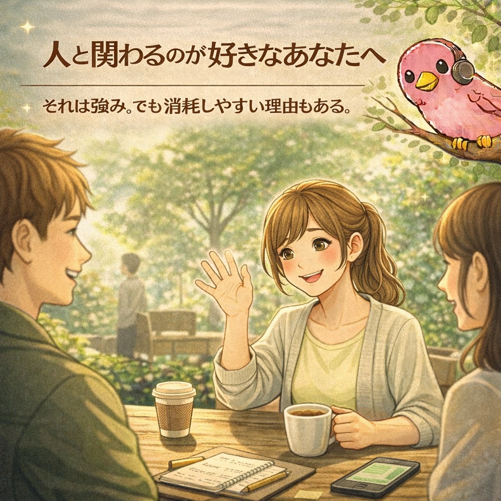 人と関わるのは好きだけど、相手の気持ちを読みすぎて、気づくと疲れてしまう主婦のイラストです。
