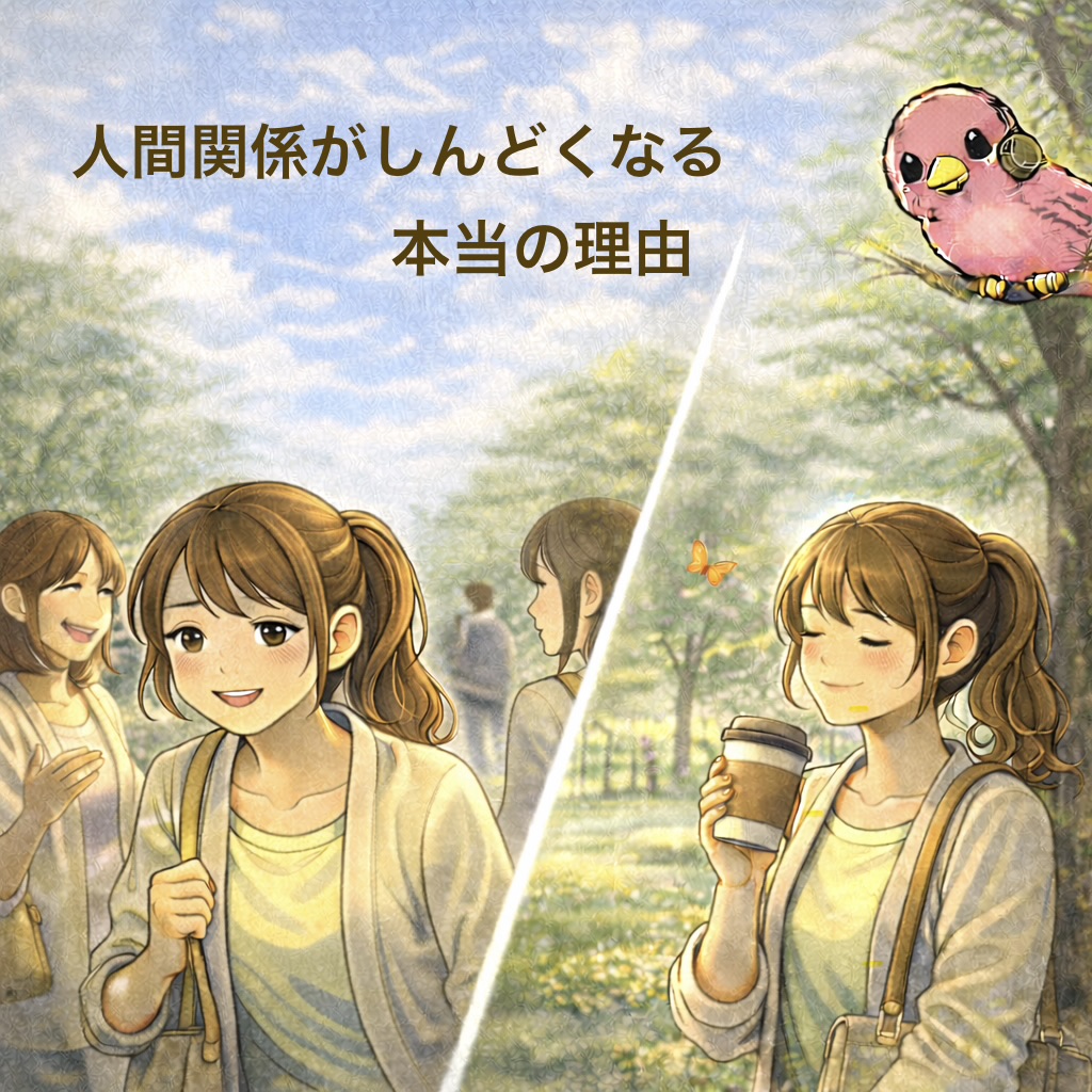 公園で友人と笑顔で話すけれど内心疲れてしまう女性と、ひとりでコーヒーを飲みながら穏やかな表情を浮かべる女性を対比したイラスト。人間関係がしんどくなる理由を表現している。