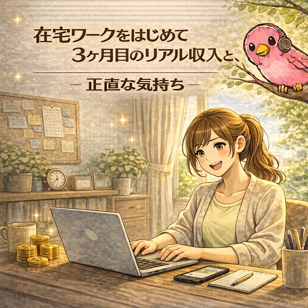 在宅ワーク3ヶ月目のリアル収入をテーマに、ノートパソコンで作業する女性のイラスト。