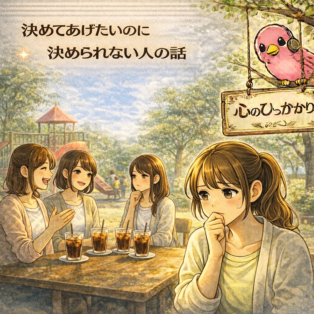 公園のカフェで4人の女性がアイスコーヒーを囲んで話す中、1人の女性が悩んだ表情を浮かべている様子。人間関係の距離感や遠慮や防御を表すイラスト。