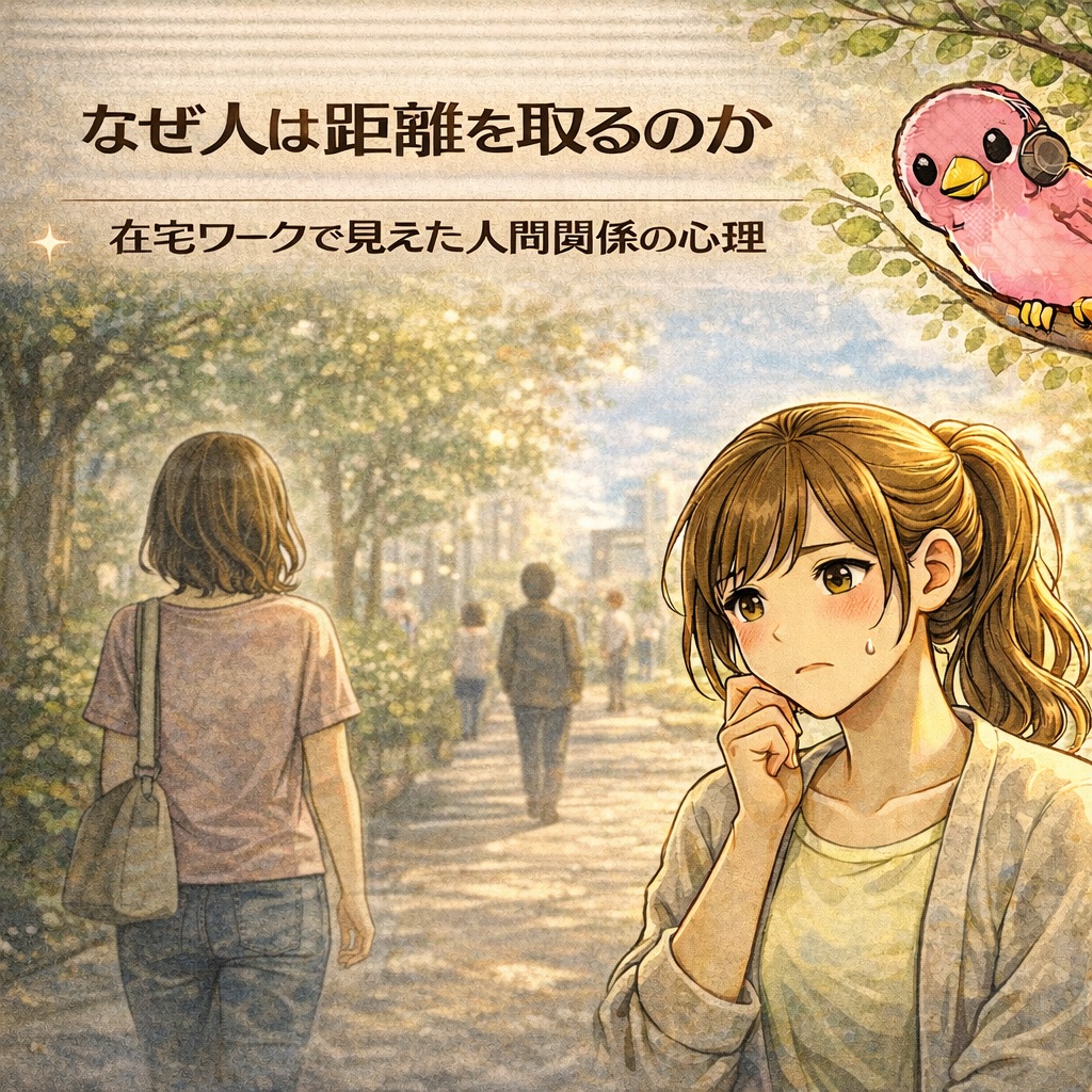 距離を取られて悩む女性のイラストと、それを眺めるピンクの鳥の画像。