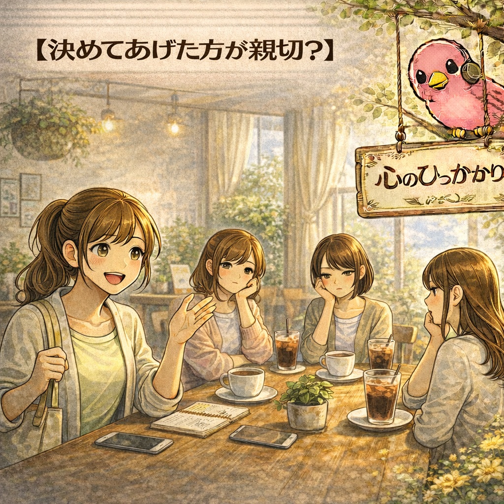 喫茶店で4人のママが話し合う中、1人が明るく主導し、他の3人が戸惑う様子。優しさと人間関係の距離を表すイラスト。