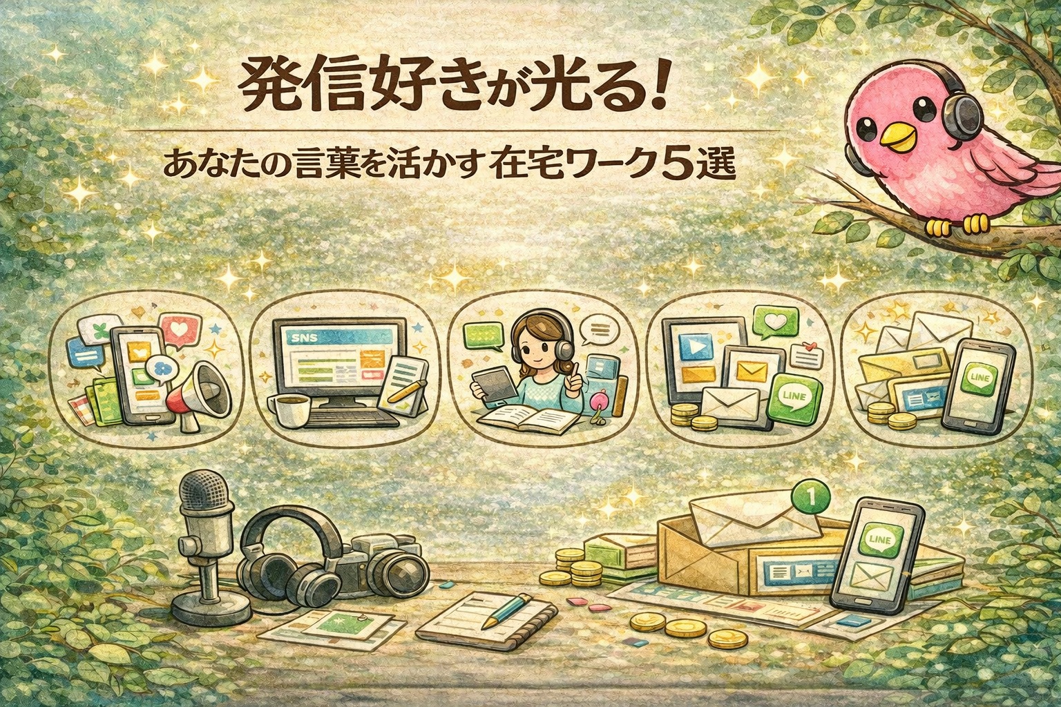 発信型の在宅ワークを紹介するイラスト。SNS運用・ブログ・講師・コンテンツ販売など、発信力を活かす働き方が描かれている。ピンクの鳥が案内役として登場し、デジタルツールやクリエイティブな仕事環境が表現されている。