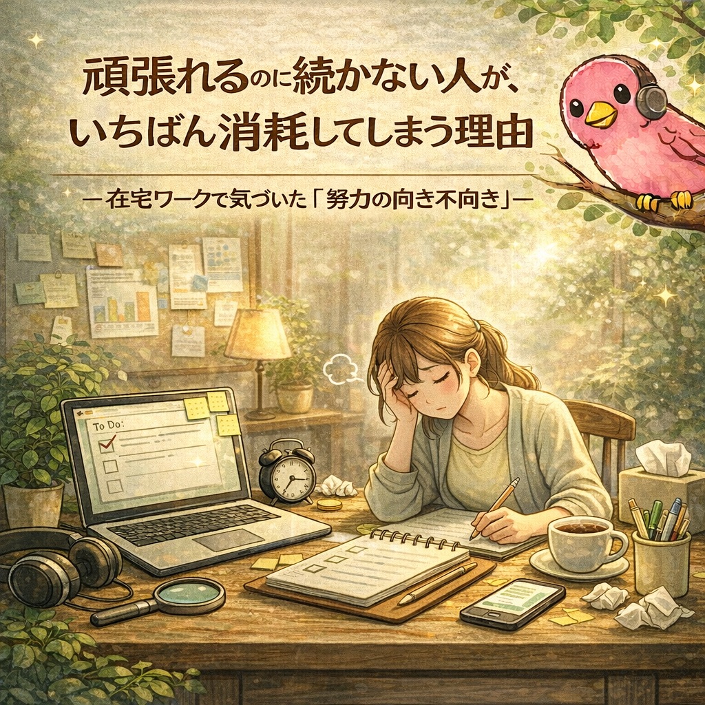 疲れ果ててしまい、机に向かって悩む女性のイラスト。頑張れるのに続かない理由や、努力の向き不向きをテーマにしたアイキャッチ画像。