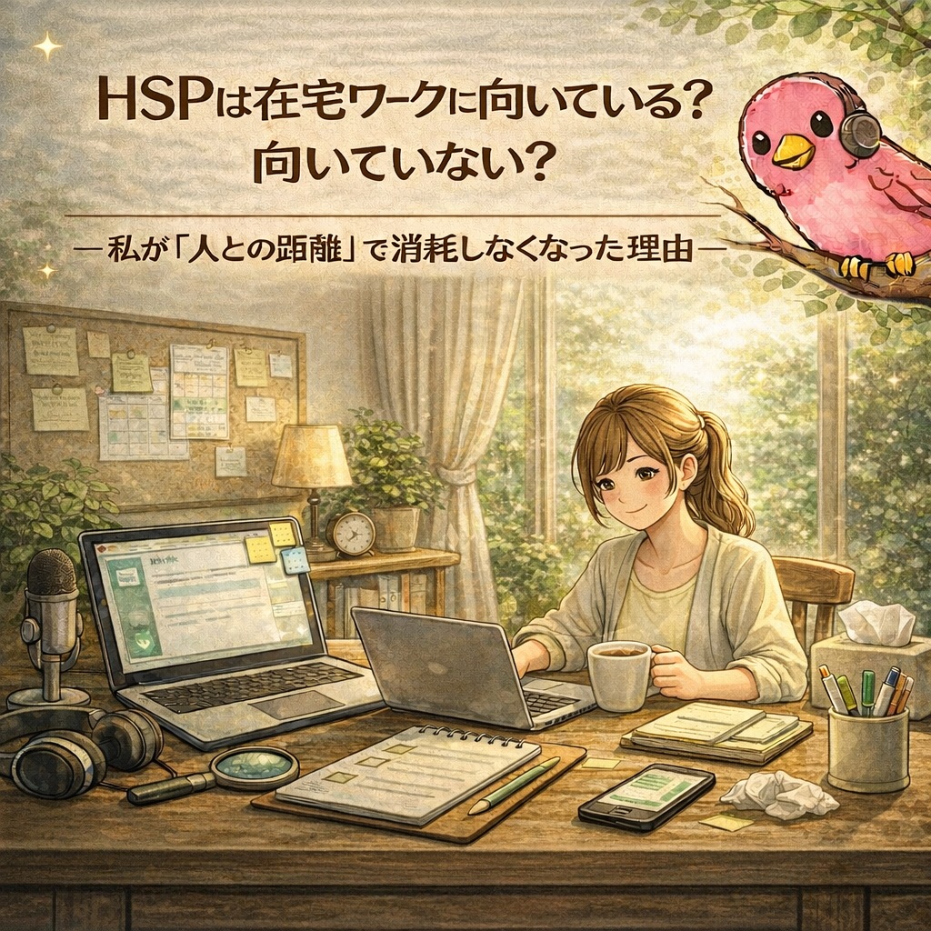 在宅ワークで人との距離に疲れにくくなったHSP気質の女性が家でパソコンに向かっている画像です。