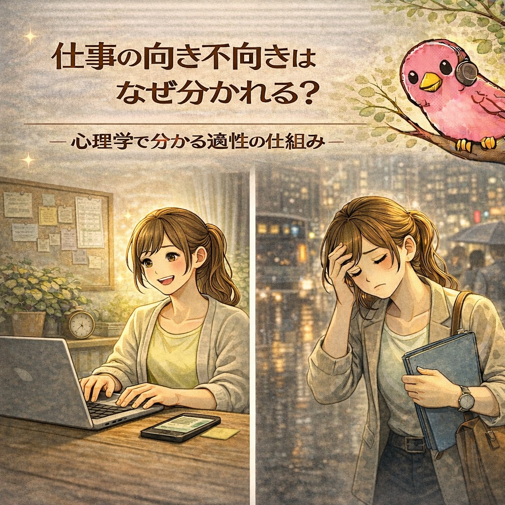 仕事に向いている状態と向いていない状態を対比した女性のイラスト。明るい部屋で笑顔で働く姿と、雨の中で悩む姿が並んでいる。