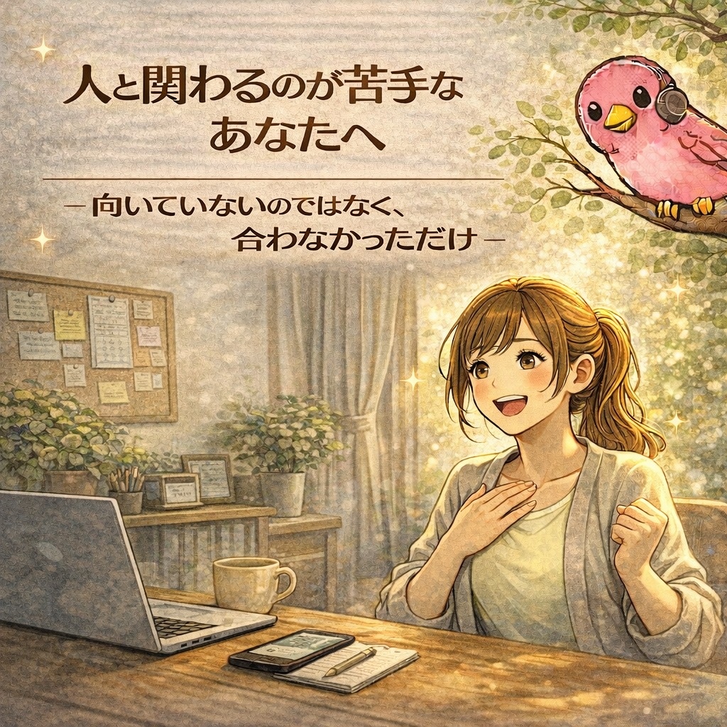 人と関わることに疲れやすく、一人で抱え込むことが多かった女性が、在宅ワークを通じて「そうじゃなかったんだ！」と気づきを得ている画像です。