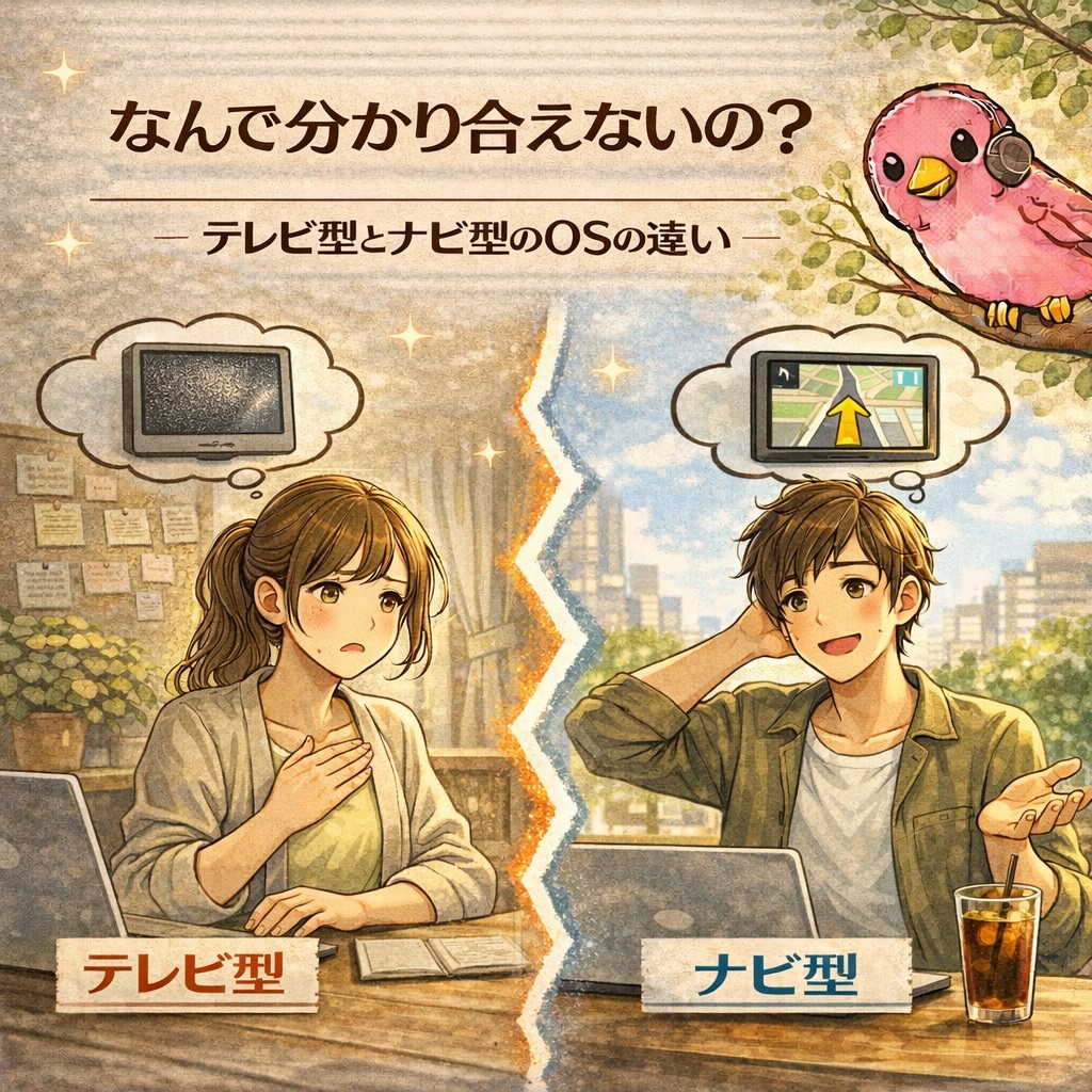 テレビ型とナビ型のOSの違いで人間関係のすれ違いを説明したイメージ画像。