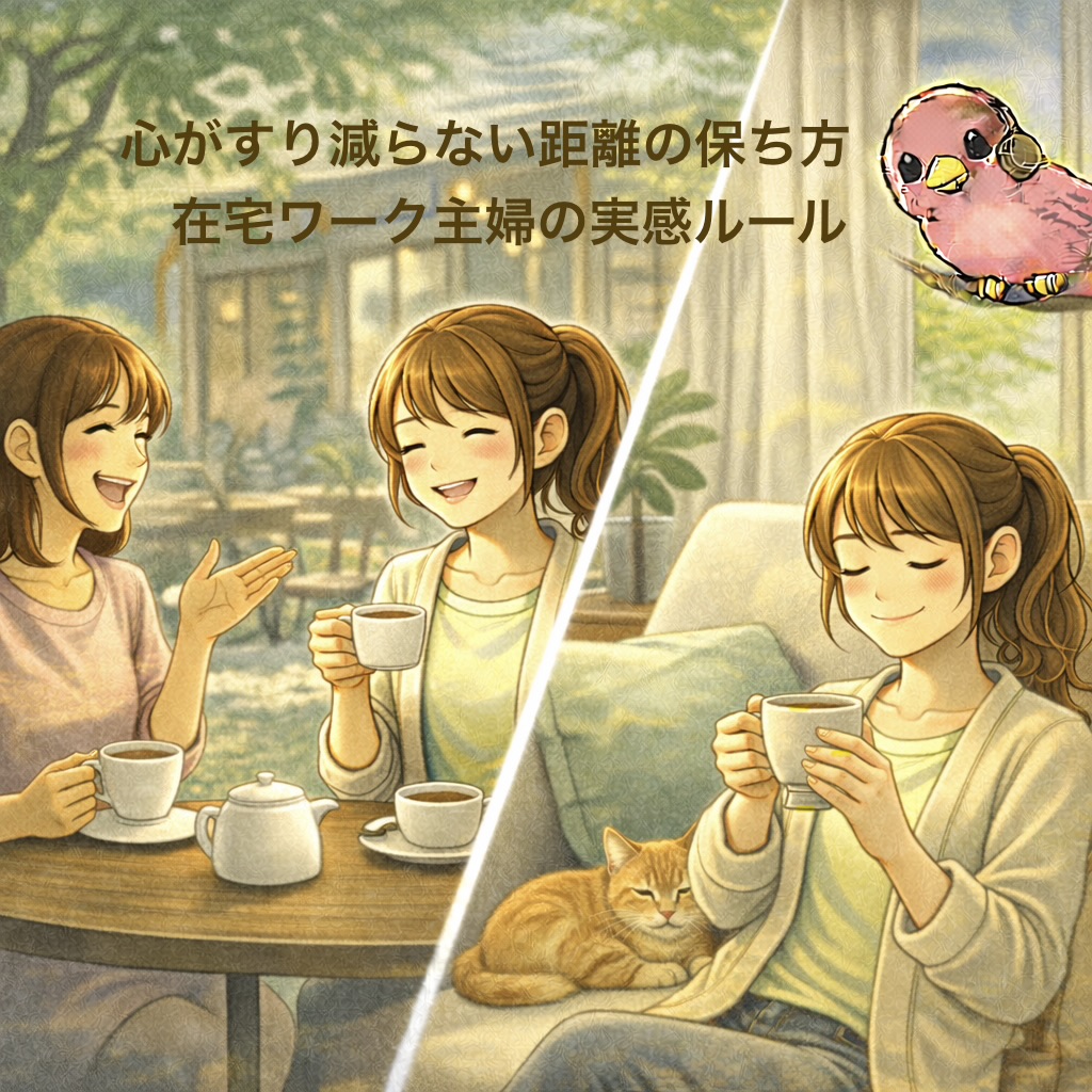 カフェで友人と笑顔で話す女性と、自宅でコーヒーを飲みながら猫と穏やかに過ごす女性を対比したイラスト。在宅ワーク主婦の人間関係の距離感を表現している