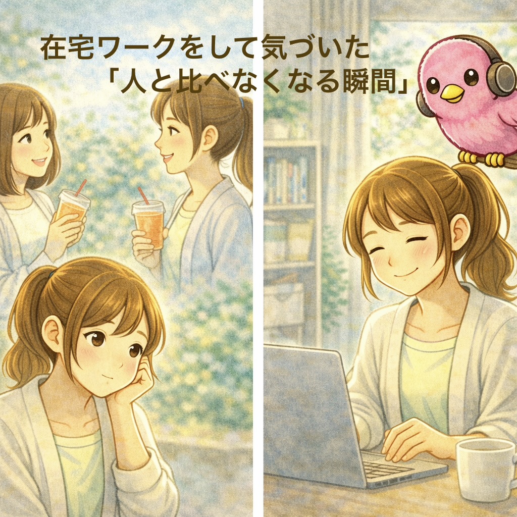 在宅ワークをする女性が自宅での作業を通して「人と比べなくなる瞬間」に気づく様子を描いたイラスト