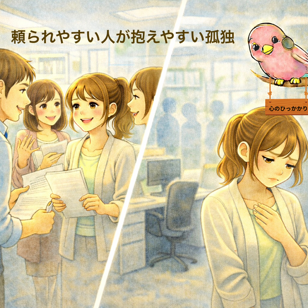 頼られやすい人が人間関係の中で孤独を感じてしまう心理を表したイラスト。