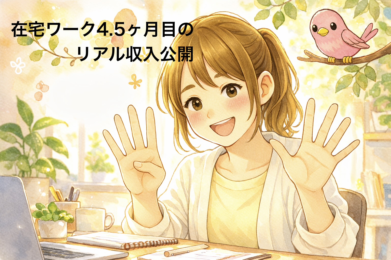 「在宅ワーク4.5ヶ月目のリアル収入公開」の画像です。在宅ワークをしている女性がにこやかに笑いながら両手を「4」「5」と表しています。