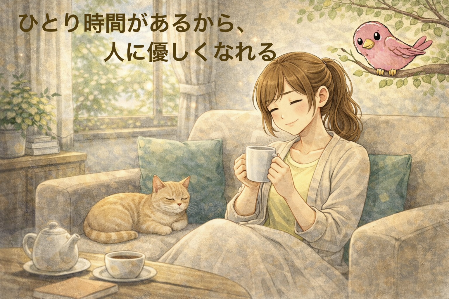 自宅で一人時間を楽しみ、余裕を感じる在宅ワーク女性。