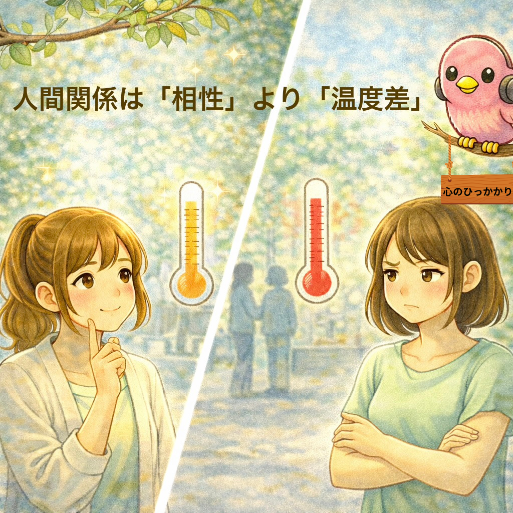 人間関係は「相性」より「温度差」が大切という考え方をテーマにしたブログ記事のアイキャッチ画像
