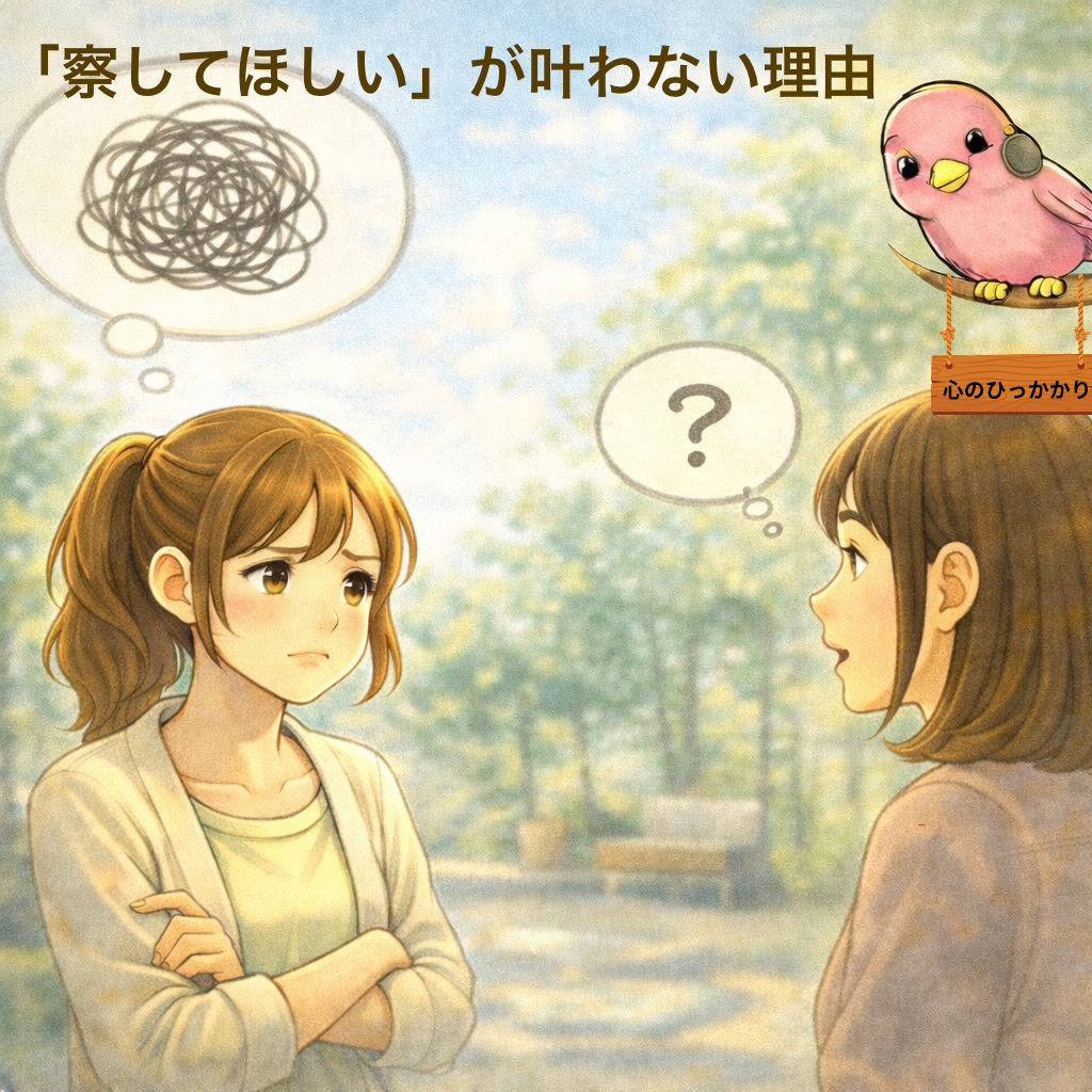 相手に察してほしい気持ちが伝わらず、すれ違う人間関係のイメージイラスト