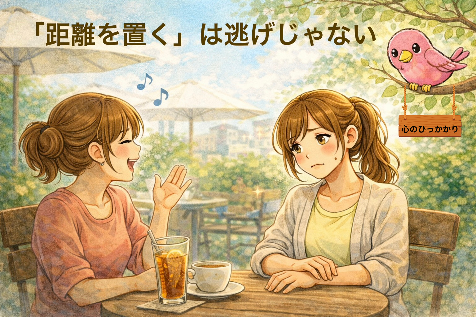 温度差のある友人とのカフェでの会話に疲れてしまった女性。 疲れてしまう人間関係で距離を置くことは逃げではないと伝えるイラスト