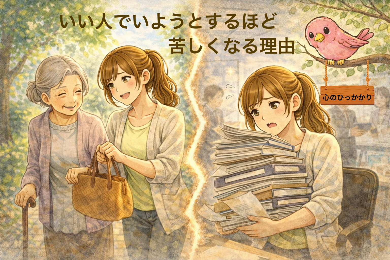 人に優しくするのと、自己犠牲で人を助け疲れてしまう女性の様子を対比して表したイラスト。 優しい人が頼まれごとを断れずに疲れてしまう理由｜人間関係のストレス対策