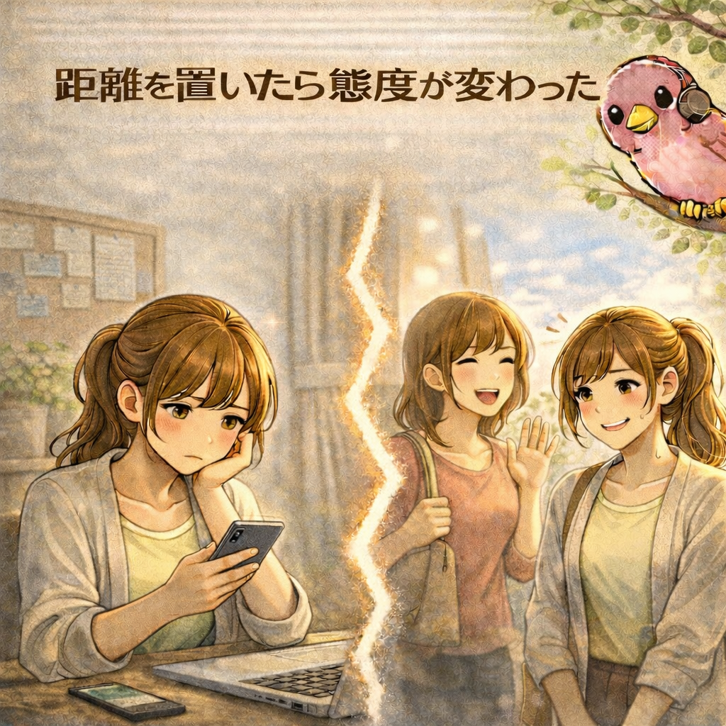 距離を置いたことで態度が変わった人間関係を描いたイラスト。スマホを見て悩む女性と、笑顔で会話する女性達の対比を描いている。