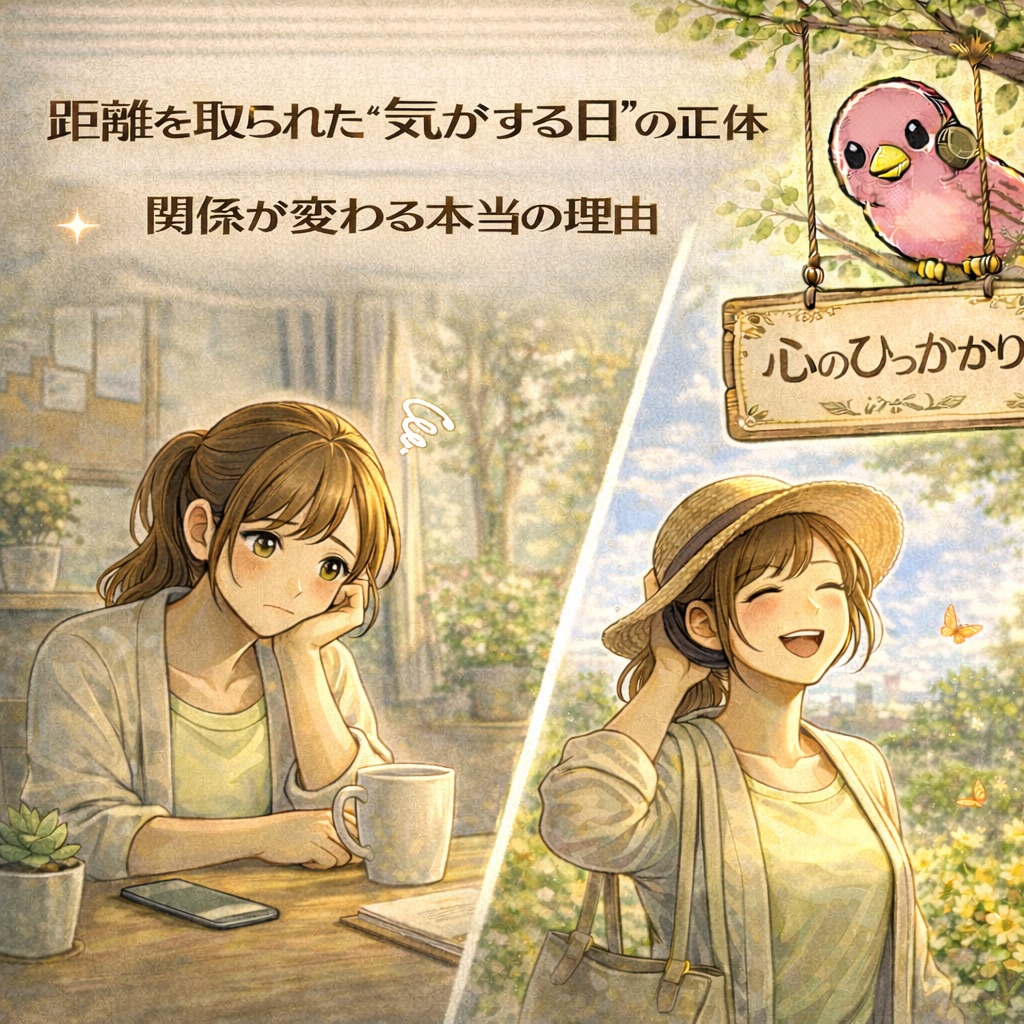 自宅で不安そうに考え込む女性と、リフレッシュに屋外に出て笑顔を見せる女性を対比したイラスト。距離を取られた「気がする日」の心理変化を表現した画像。