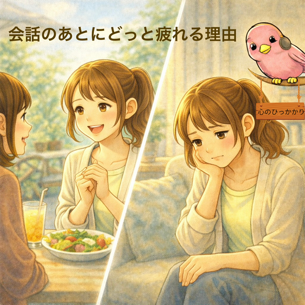 会話のあとにどっと疲れる理由をテーマに、友人と楽しく話す場面と一人で疲れて考え込む女性の対比を描いたイラスト