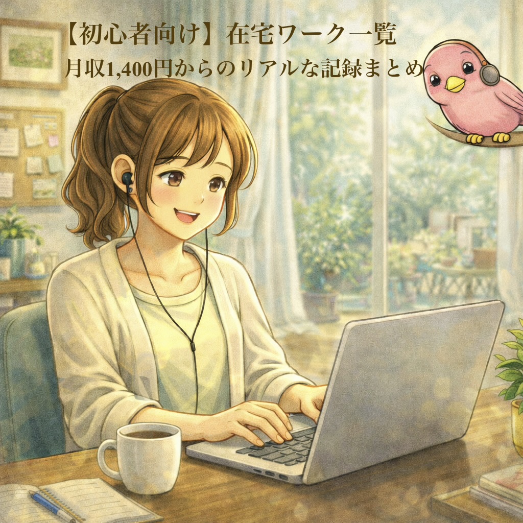 在宅ワークをはじめた女性とピンクの鳥のイラスト。月収1,400円からのリアルな記録まとめ記事のアイキャッチ画像。