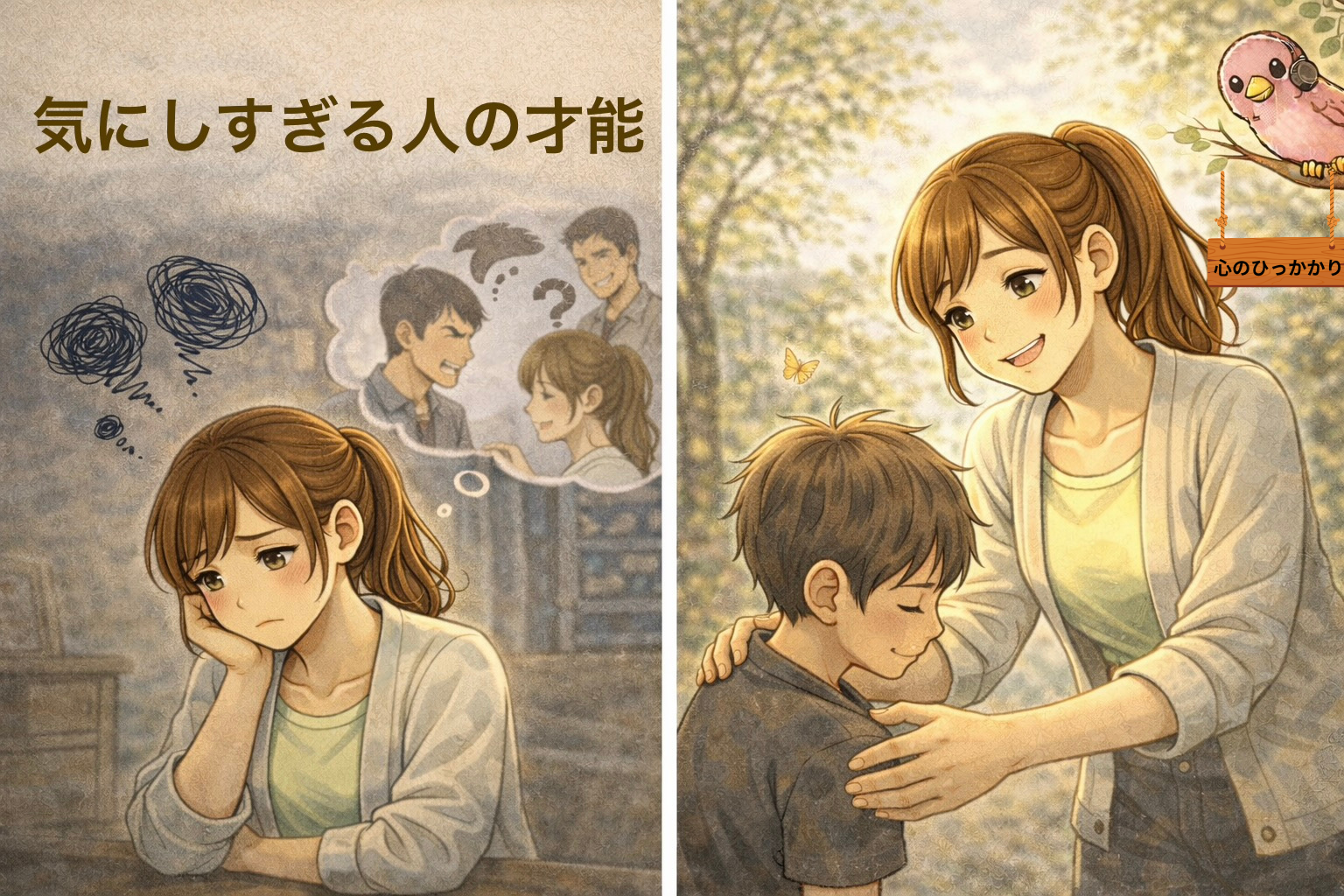 気にしすぎて悩む女性と、優しさで人に寄り添う女性の対比イラスト。