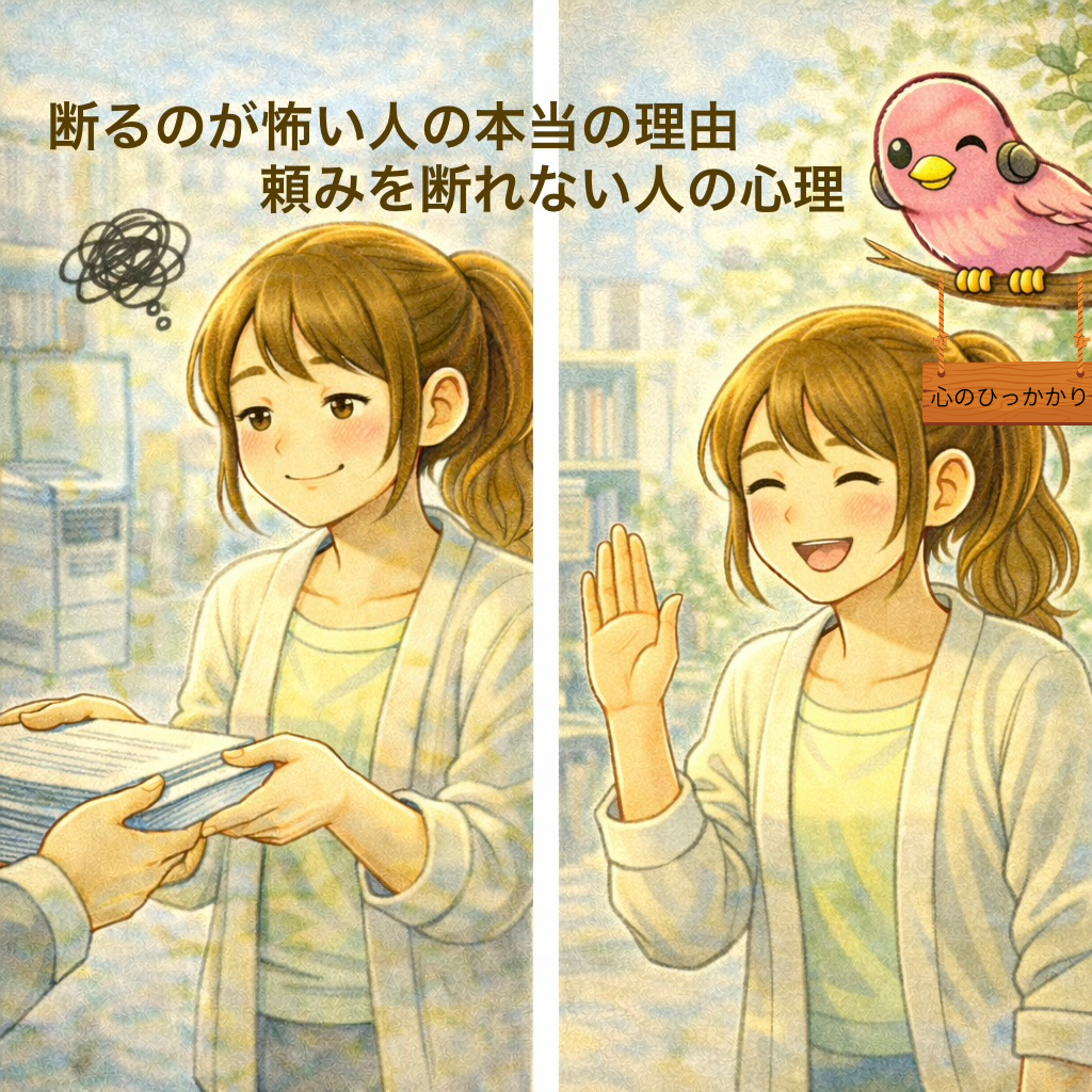 頼みを断れず困った表情の女性と、笑顔でやんわり断る女性を対比したイラスト。断るのが怖い人の心理を表現したアイキャッチ。