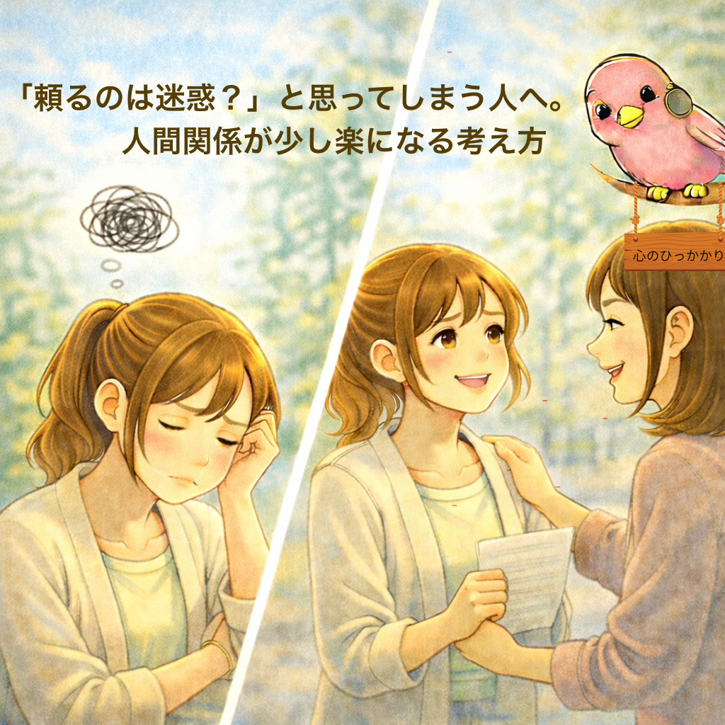 頼るのは迷惑かもと悩む人が、人に頼ることで人間関係が楽になるイメージイラスト。