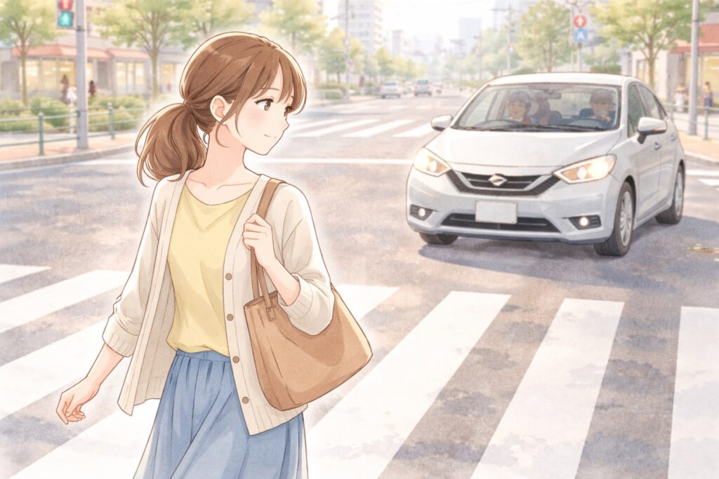 人との距離を「交差点での道路の距離」で例えた挿入画像。
「真ん中」の人は交差点を曲がってこようとしている車。
来るか来ないか、危ないか大丈夫か確認するために車を見る女性。