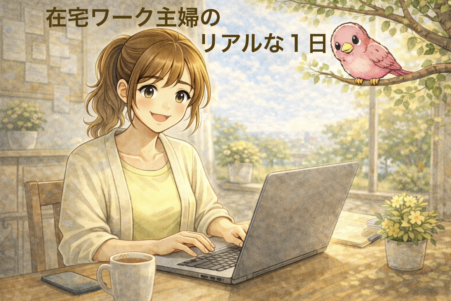在宅ワークをしている女性が楽しそうにパソコンに向かっている画像。