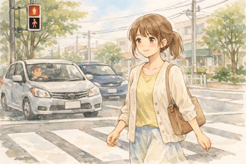 人との距離を「交差点での道路の距離」で例えた挿入画像。
「外側」の人は赤信号で交差点で停止している車。
停まっていて近づいても来ないので、女性も特に意識を向けずにそのまま歩いていっている。