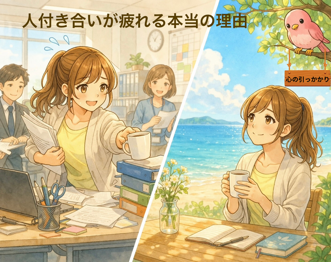 職場で色んな人に気配りをして疲れてしまう女性と、自分時間でのんびりと過ごし疲れをリセットする女性の画像。