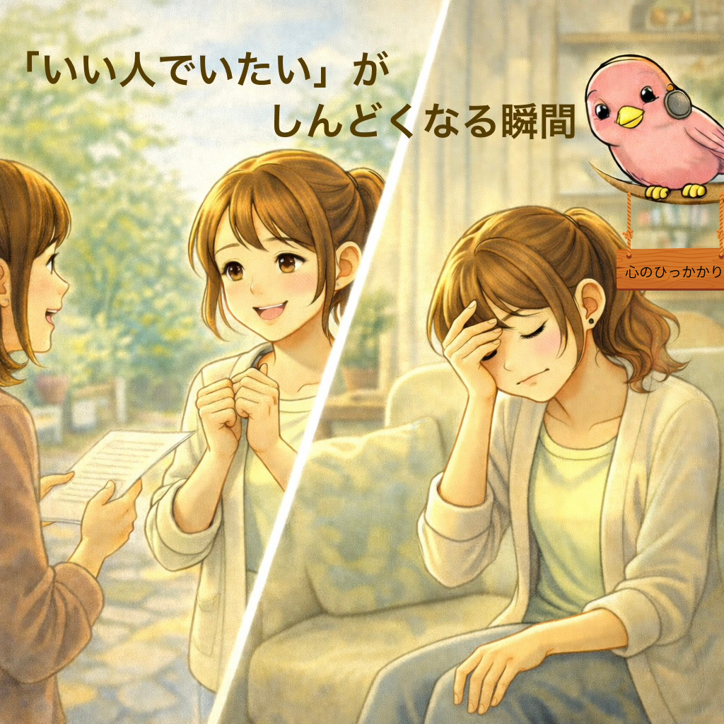 友人と笑顔で話す女性と、自宅で疲れた表情で頭を抱える女性を対比したイラスト。「いい人でいたい」がしんどくなる心理を表現している。