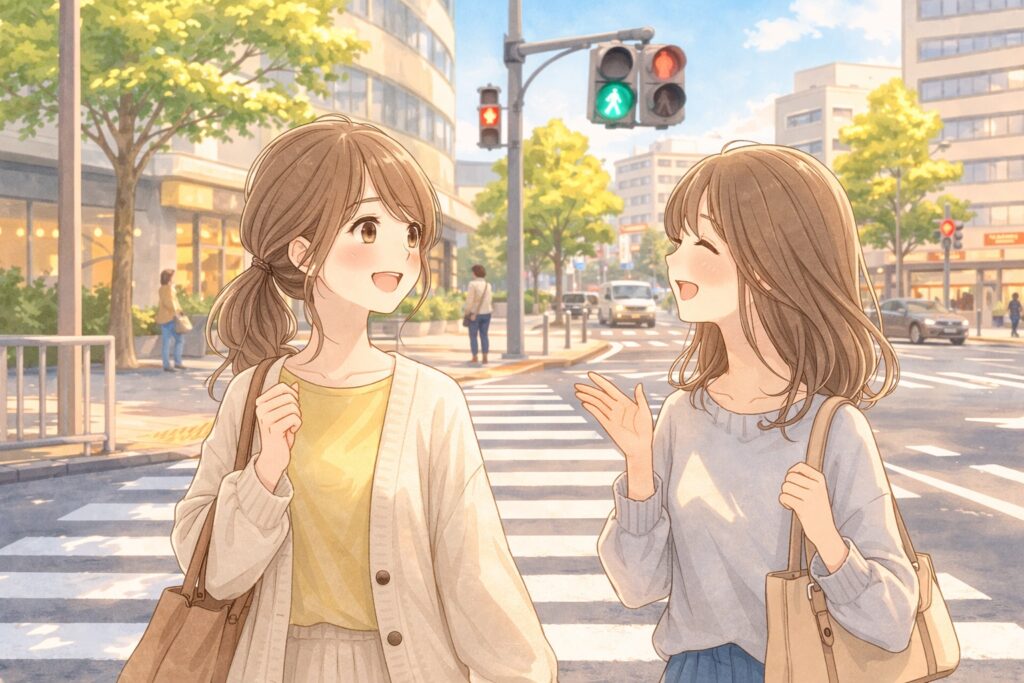 人との距離を「交差点での道路の距離」で例えた挿入画像。
「内側」の人は同じく横断歩道を歩く人で、女性同士が足並みを揃えて笑顔で会話している。