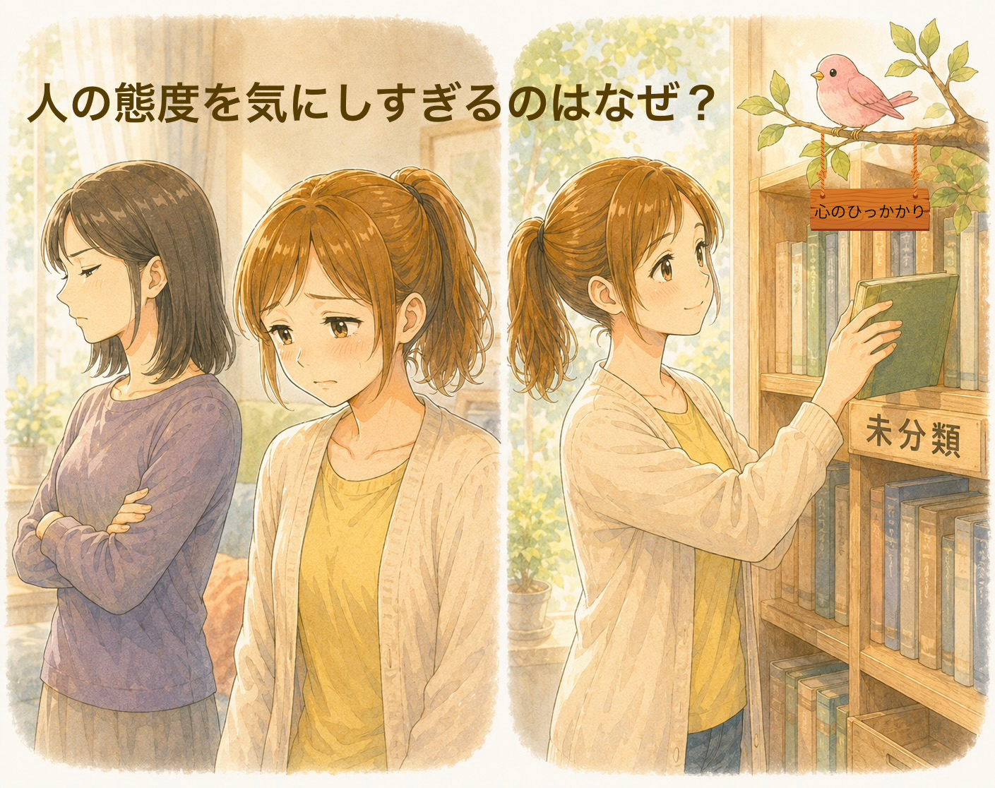 人の態度を気にしすぎる女性が、「未分類」の本棚を前に心を整理しているイラスト。
