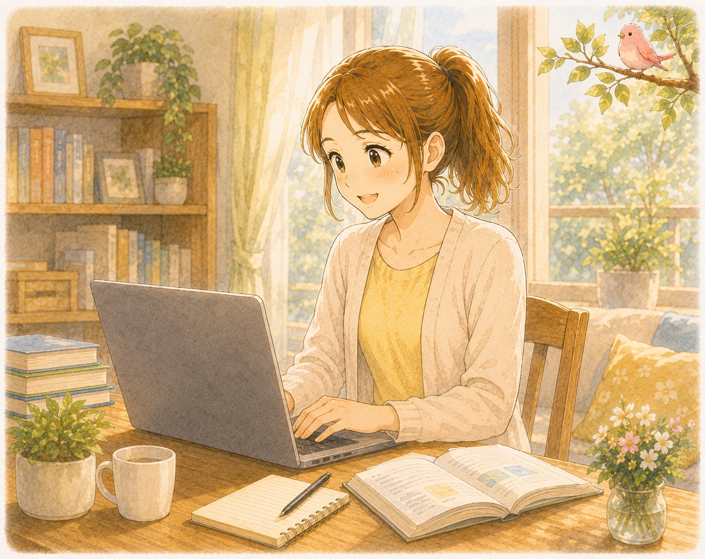 在宅ワークをはじめようとする女性が家のPCで勉強しようとしている場面。
