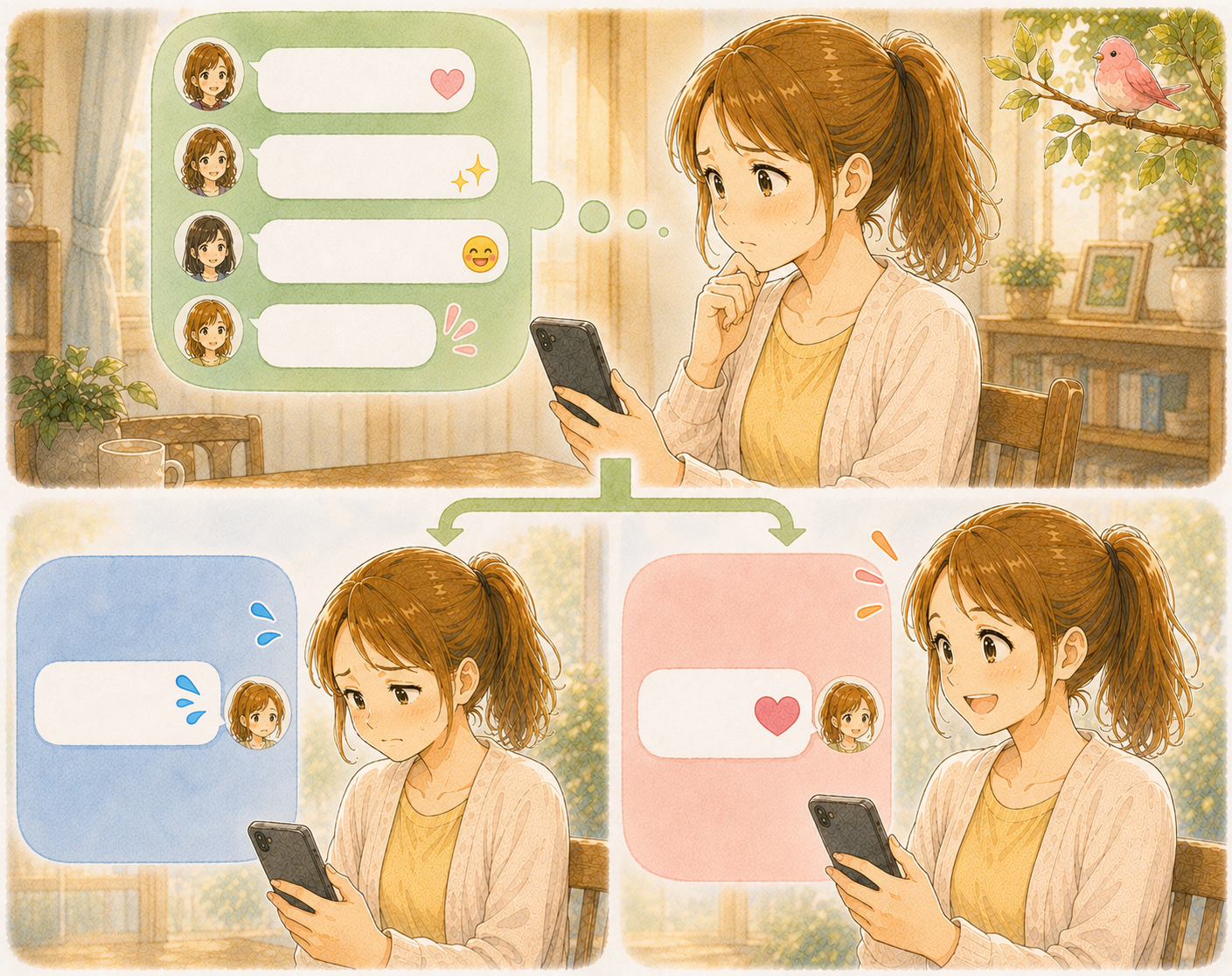 ママ友とのグループLINEの返信に悩む女性。気を遣い過ぎてへりくだりすぎる返信をするか、対等に返信をするかの分岐を表した画像。