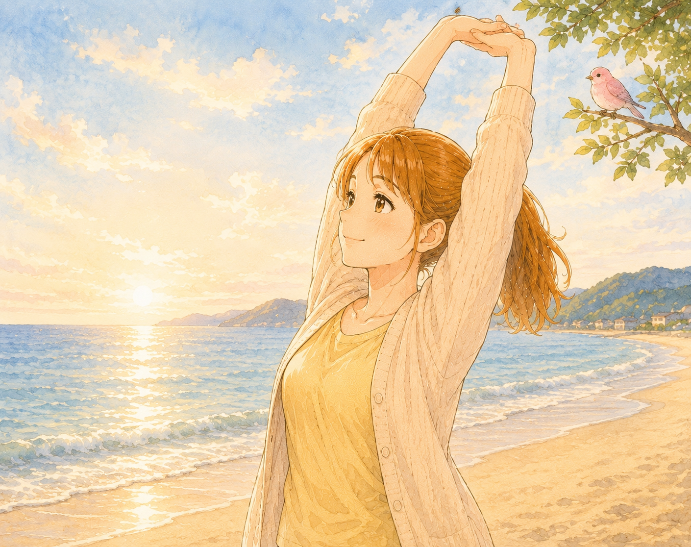 海辺で空を見上げながら深呼吸する女性のイラスト。人間関係の悩みから少し心が軽くなった様子を描いている。