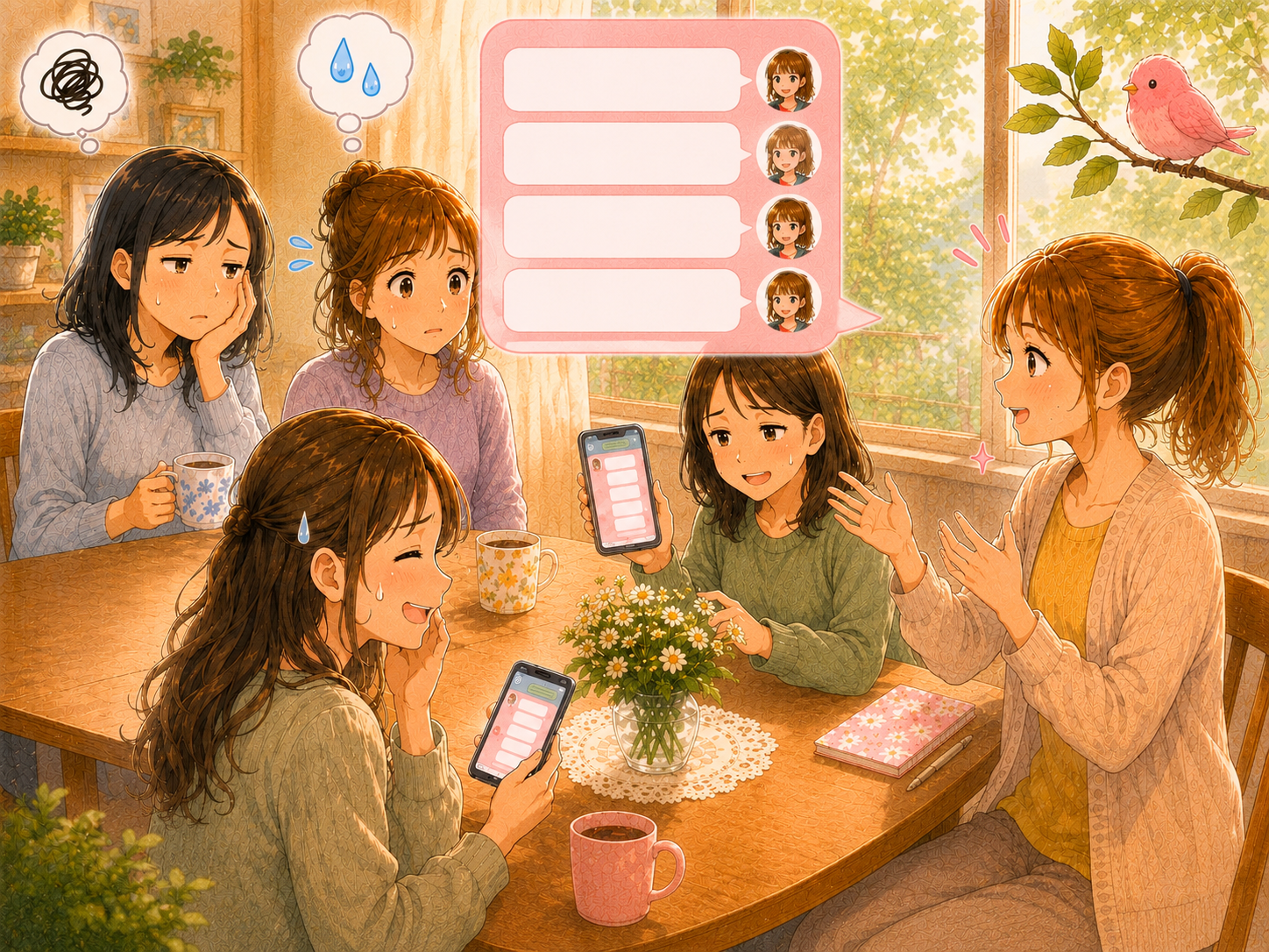 ママ友グループLINEで気を遣い過ぎてつい丁寧に返信しすぎてしまう女性。周りのママ達にはそれを重くとられてしまっている場面を描いたイラスト。
